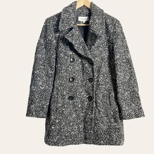 Calvin Klein Black White Boucle Tweed Knit Double Breasted Wool Blend Coat Sz 10
